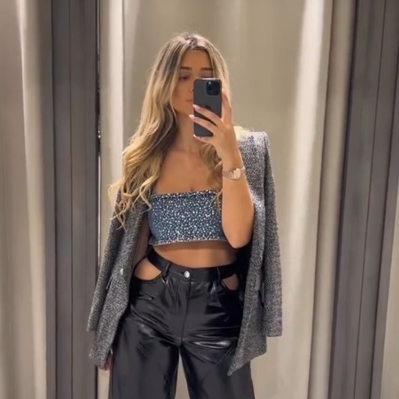 ZARA RHINESTONE DENIM CROP TOP - Picture 1 of 7